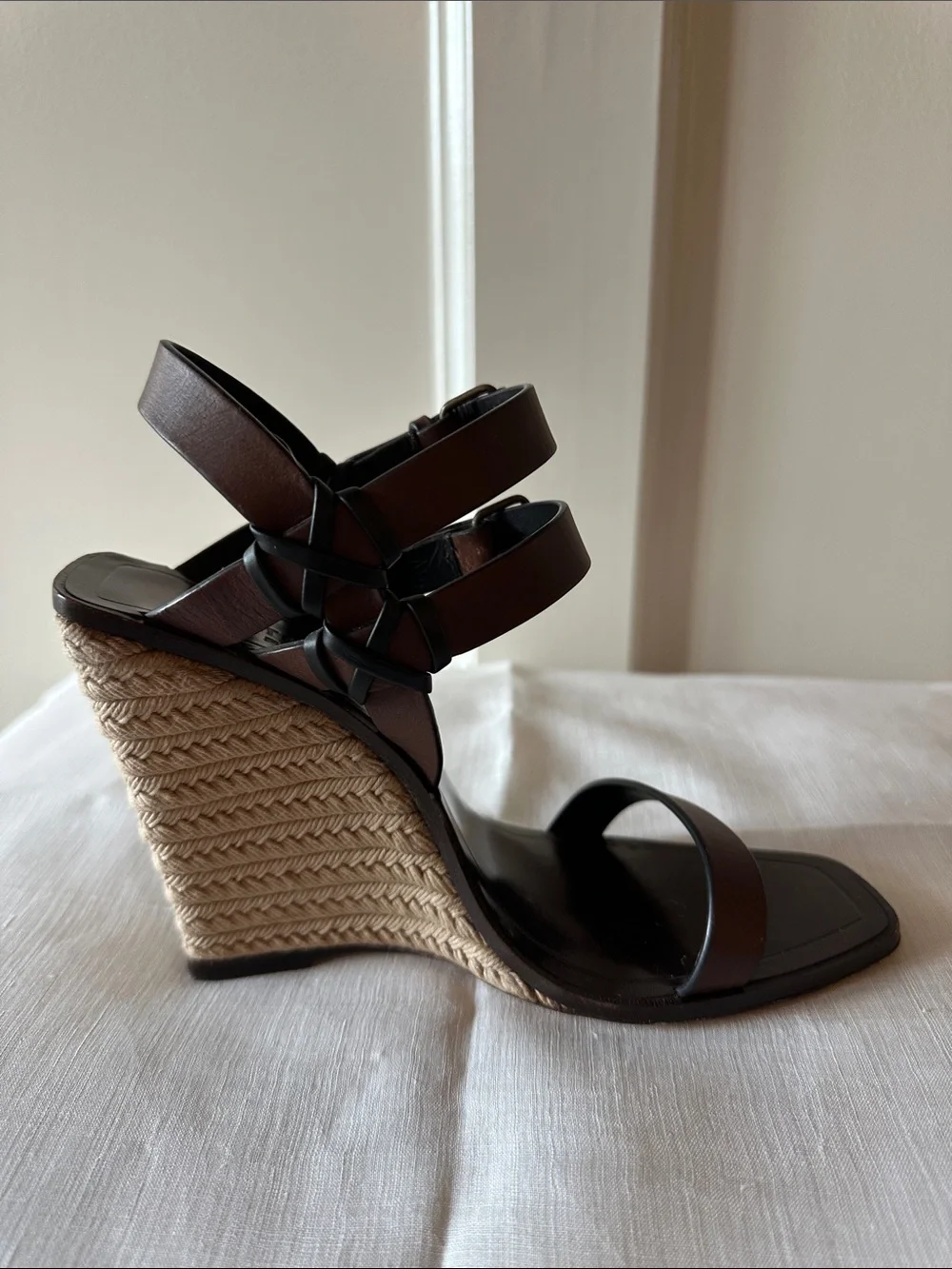 Saint Laurent Brown Leather Wedge Sandals with Espadrille Heel